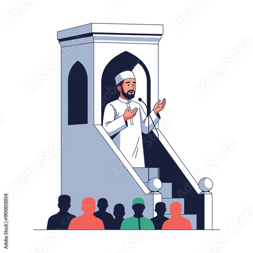 Imam Delivering Sermon from Minaret Staircase.