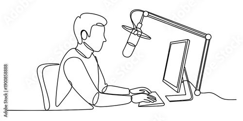A continuous line drawing of a man sitting at a desk with a computer and a microphone Vector, illustration