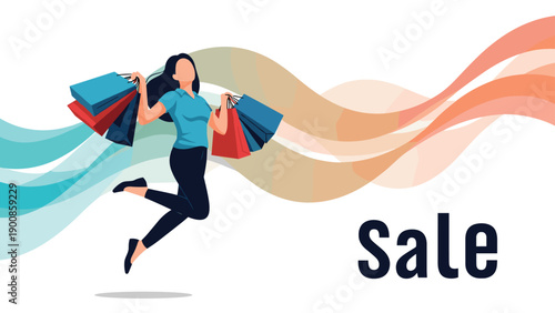 Joyful female shopper jumping with multiple colorful shopping bags in hands over stylish wavy background art.