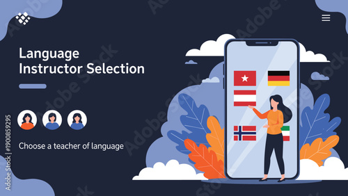 Website interface for language instructor selection featuring diverse teacher profiles and international flags.
