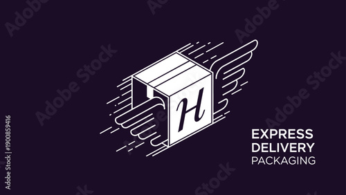 Express delivery packaging logo with flying box and wings symbol representing fast shipping and logistics service.