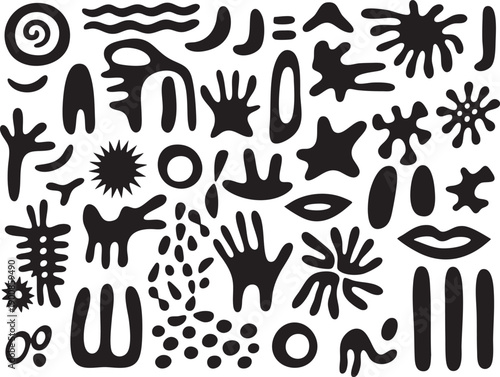 A unique collection of minimalist hand drawn organic shapes and abstract silhouettes in a bold black and white doodle style for modern graphic design and artistic branding.