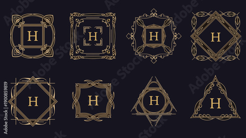 Set of eight luxury monogram logo designs featuring the letter h inside different ornate geometric frames.
