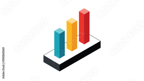 Three dimensional isometric bar chart with blue yellow and red columns showing financial growth and statistics.
