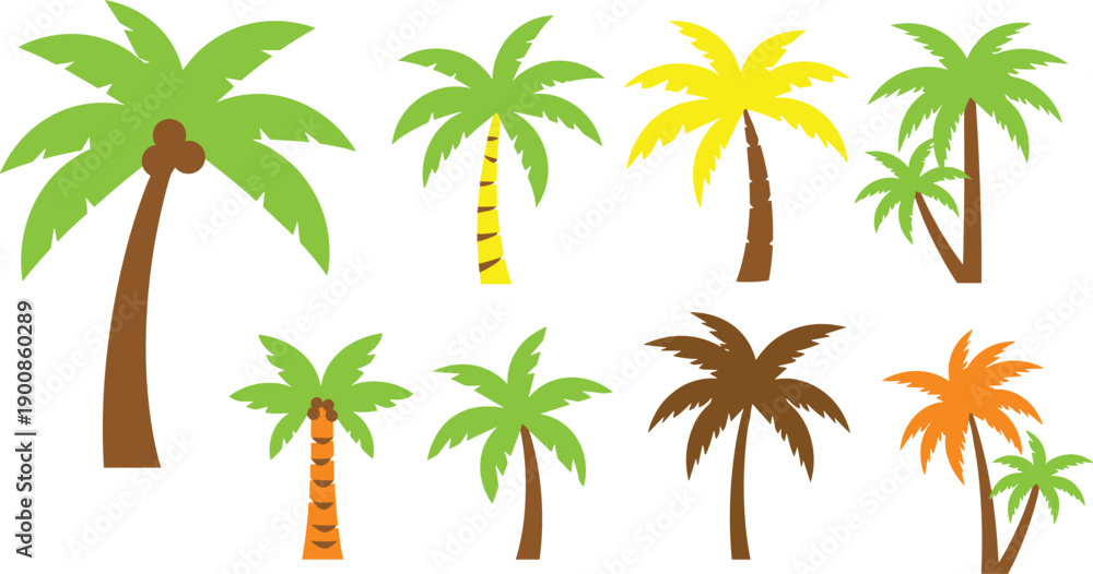 Fototapeta premium Palm tree illustration set, colorful tropical coconut palms collection, flat vector summer beach island greenery icons and nature design elements