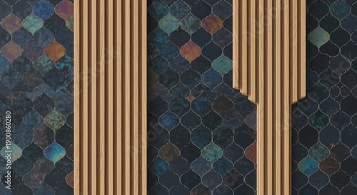 Modern interior design with wooden slats and colorful tiles