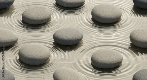 Smooth gray stones creating ripples in calm water surface