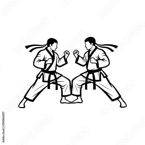 Two Karate Practitioners Engaged in Sparring Match.