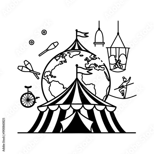 Black and White Circus Tent Illustration.