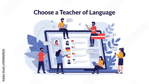 Digital platform for language learning with small people interacting on a giant laptop screen with tutor ads.