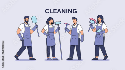 Team of professional cleaning service workers in blue uniforms holding various tools like mops and brushes.