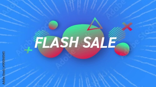 Radial streaks starting cluster animating, letters sliding in, blobs pulsing to promote FLASH SALE