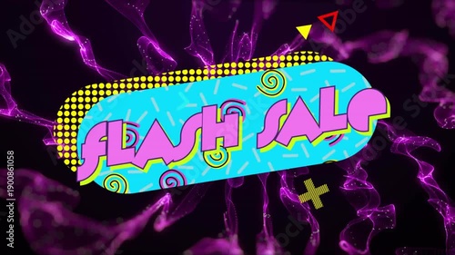 Cyan capsule appearing, magenta FLASH SALE sliding in, purple tendrils growing, boosting promo buzz