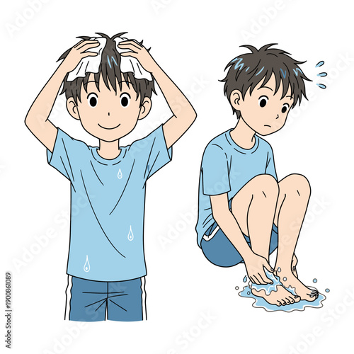 Boy Washing Hair and Feet Cartoon.