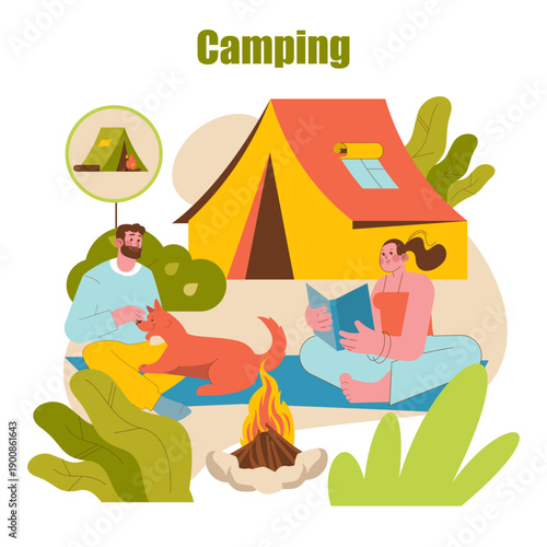 Camping Scene with Relaxing People and Dog by Fire