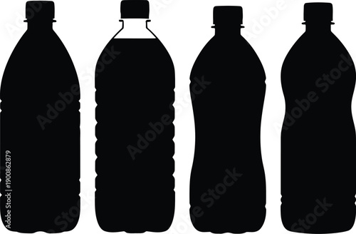 Four black plastic bottle vector silhouettes for beverage packaging