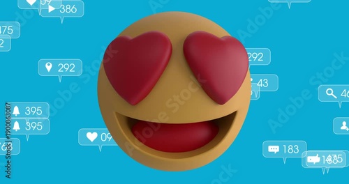 Social bubbles entering left drifting behind emoji counting peaking fading representing engagement