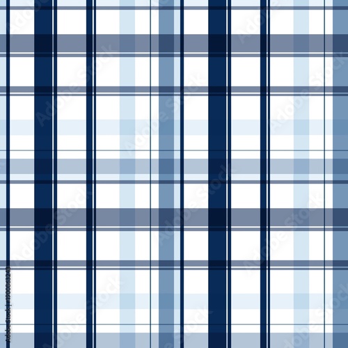 Classic navy blue and white plaid seamless tartan pattern for textile design.