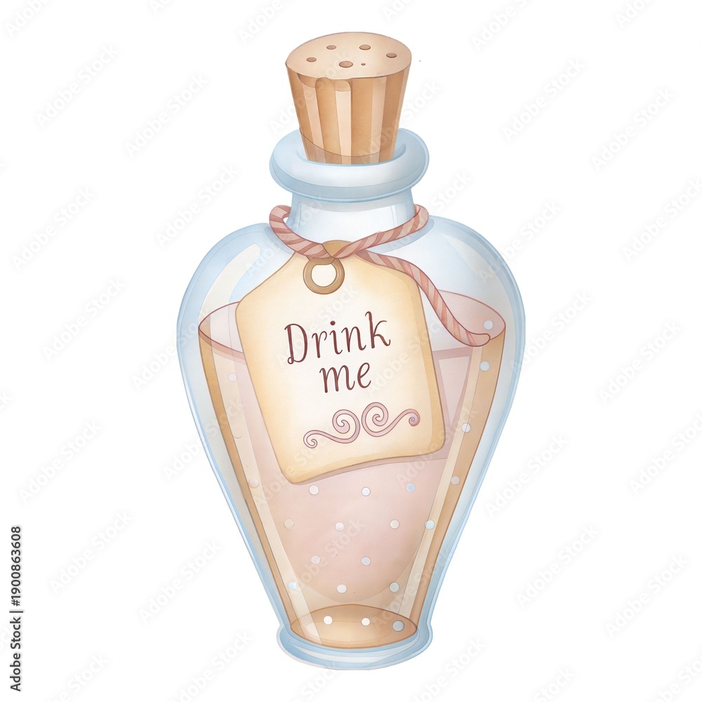 Fototapeta premium Watercolor magic potion bottle with Drink Me label, Alice in Wonderland fairytale element isolated on white.