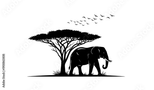 African Savanna Elephant Wildlife Silhouette Vector Scene
