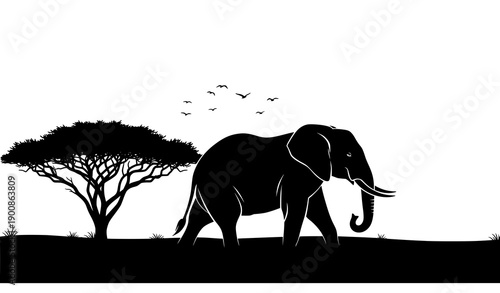 Elephant Silhouette African Safari with Tree and Birds Vector