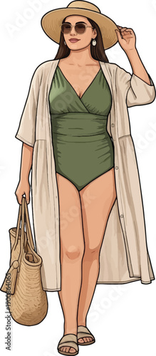 Stylish Summer Beach Outfit Illustration with Green Swimsuit and Straw Hat
