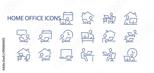 Home office and remote work icon set showing people working at desks, using laptops, managing time and collaborating online simple outlined symbols for productivity isolated flat vector illustration.