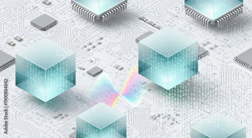 Glowing circuit board with futuristic data cubes and microchips