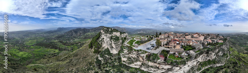 Aerial view of Gerace, Reggio Calabria, in the Aspromonte National Park. Norman Castle of Gerace. Historic center with a medieval feel. Calabria, Italy