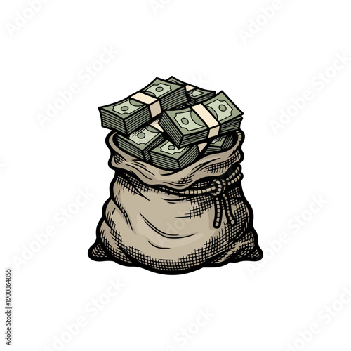 Money Bag Full of Cash Bundles.