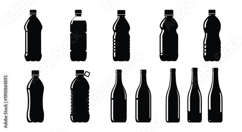 Assorted beverage bottle silhouettes icon collection for eco concept
