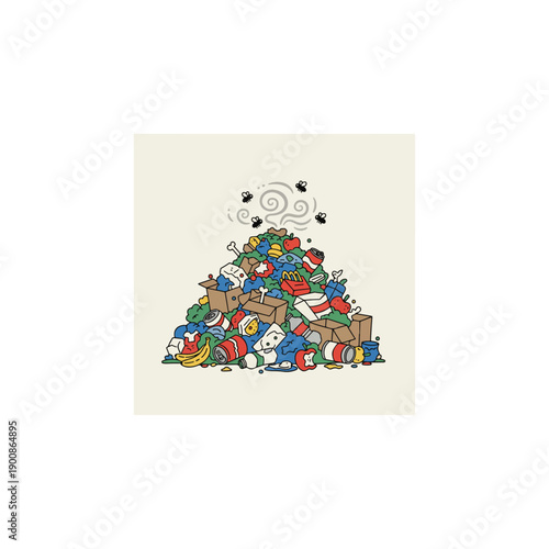 Overflowing Trash Pile with Flies and Rotting Food.