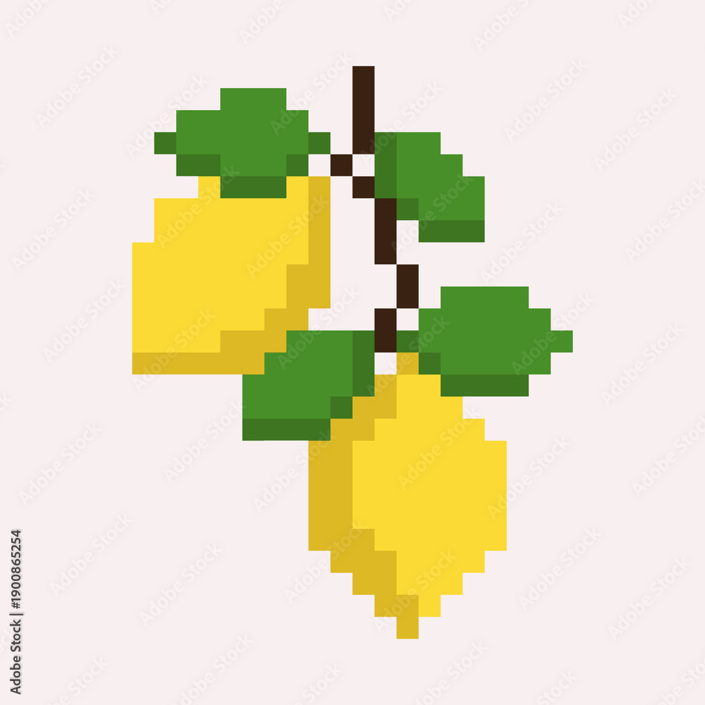Fototapeta premium Pixel art illustration of a branch with lemons in retro 8-bit style. llustration symbolizing freshness, healthy food, vitamins, and tropical fruit. 