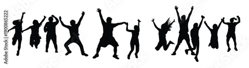 silhouette illustration of jubilant people jumping with arms