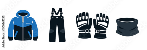 Stylish modern winter sports gear set: jacket, pants, gloves, neck warmer
