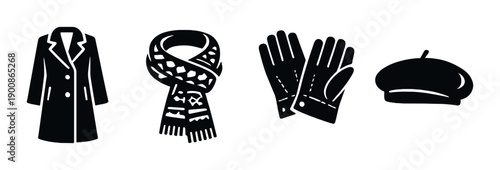 Winter clothing essentials: coat, scarf, gloves, beret illustration