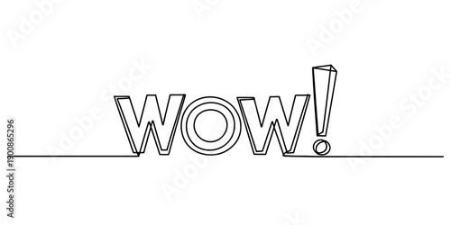 Continuous line drawing of the word wow with an exclamation mark on a white background. Vector, illustration