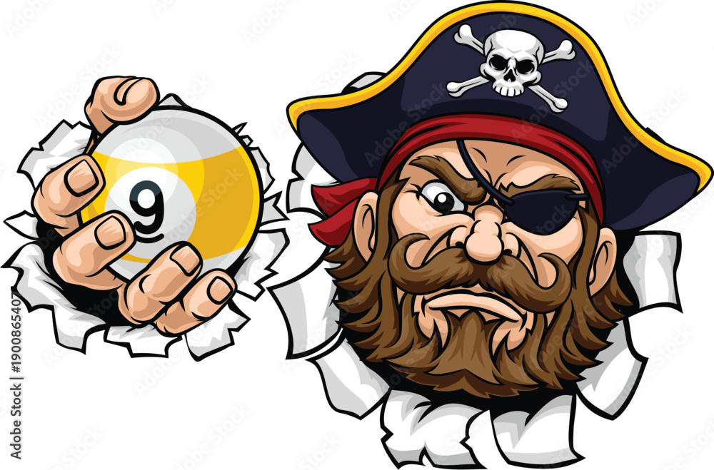 Obraz premium Pirate nine ball pool billiards sports mascot holding a 9 ball cartoon illustration