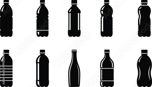Plastic and glass bottle silhouettes icon set for recycling design
