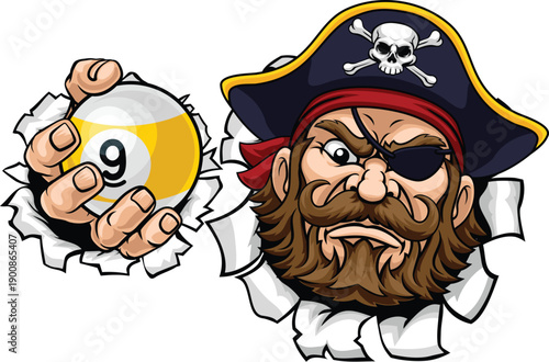 Pirate nine ball pool billiards sports mascot holding a 9 ball cartoon illustration