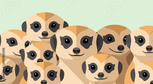 A group of friendly meerkats peeking over a light green background with soft shadows