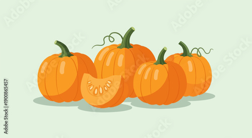 A group of orange pumpkins with a slice and a light green background