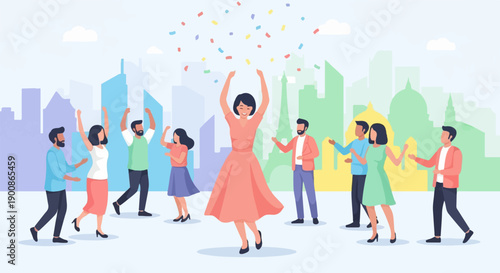 A group of people celebrating with confetti in a city setting