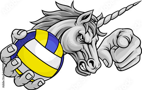Unicorn horse stallion angry volleyball sports team mascot holding a ball.