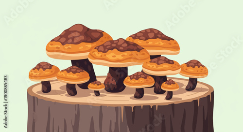 A group of varied size colorful mushrooms growing on a tree stump