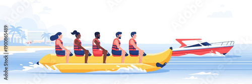 A group rides a banana boat towed by a speed boat near a tropical resort