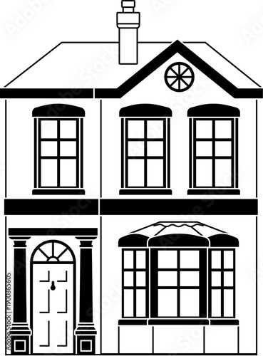 Victorian outline old English house building. Georgian mansion manor style homes. Vintage British architecture facade illustration.