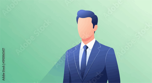 A faceless man in a blue suit and tie stands against a green gradient background