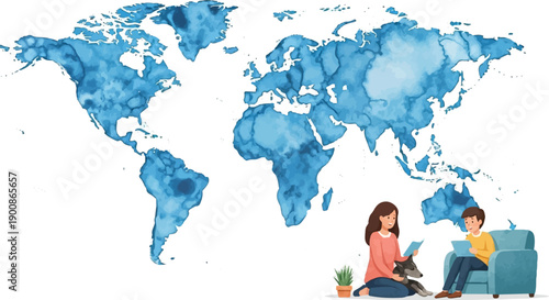 A family enjoys reading together on a couch with a dog, set against a world map