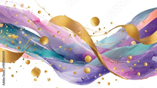 Abstract Colorful Flowing Ribbons with Soft Pastel Gradient and Watercolor Texture Background